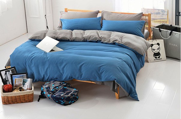 Двухцветный набор постельного белья сине серый фото