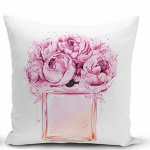 Подушка для декора белая с букетом розовых цветов