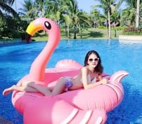 Огромный надувной розовый фламинго с оранжевым клювом фото