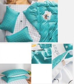 Бирюзовый спальный комплект в белый горошек фото